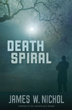 A man standing in front of the words " death spiral ".
