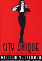 A woman in black and white is standing on red.