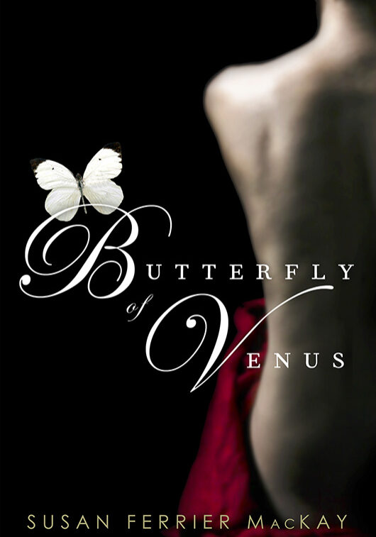 A woman 's back and breast with the words butterfly of venus written in front.
