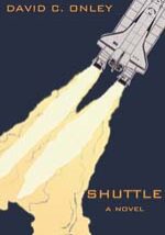 A poster of a space shuttle flying through the air.
